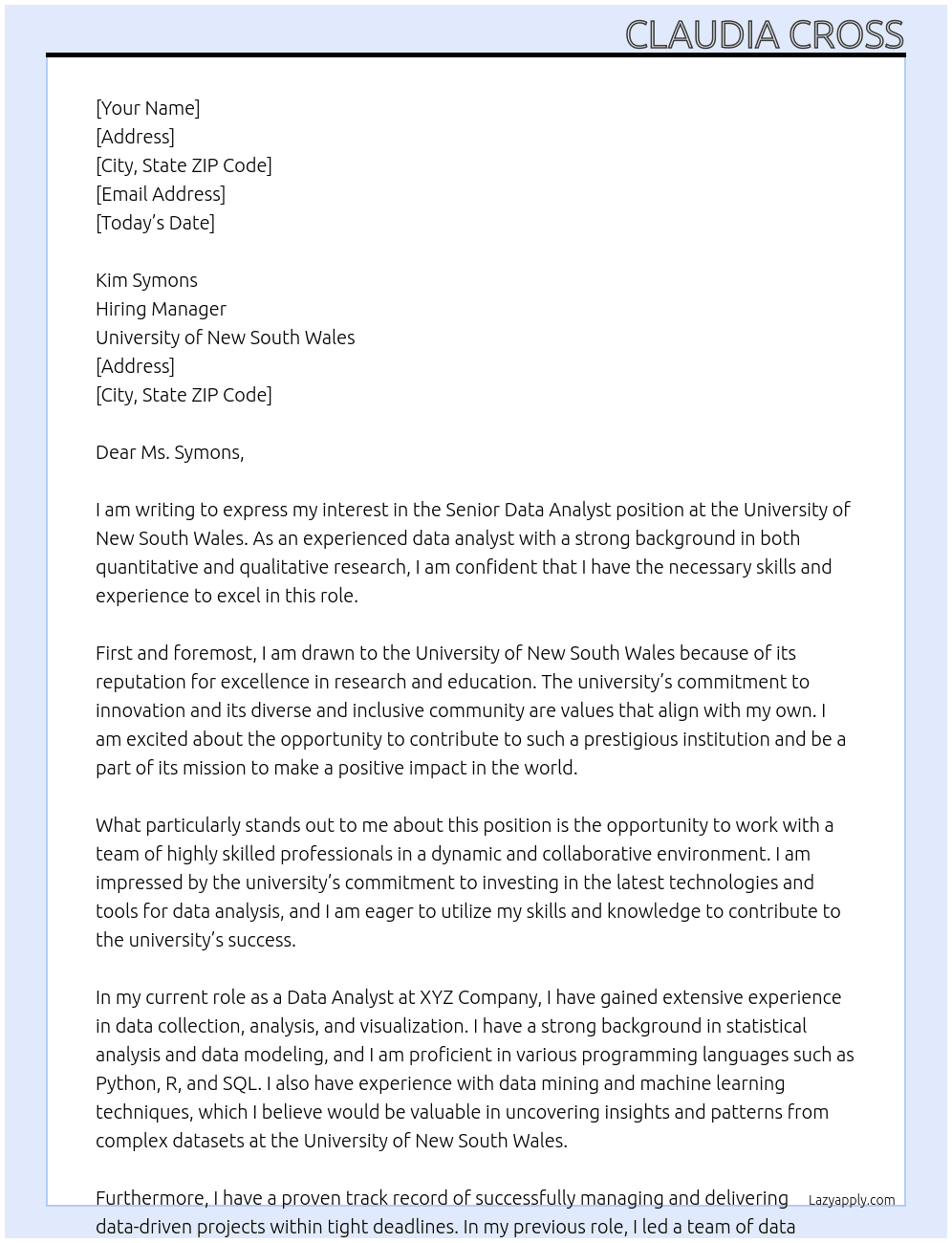 Senior Data Analyst At University of New South Wales Cover Letter