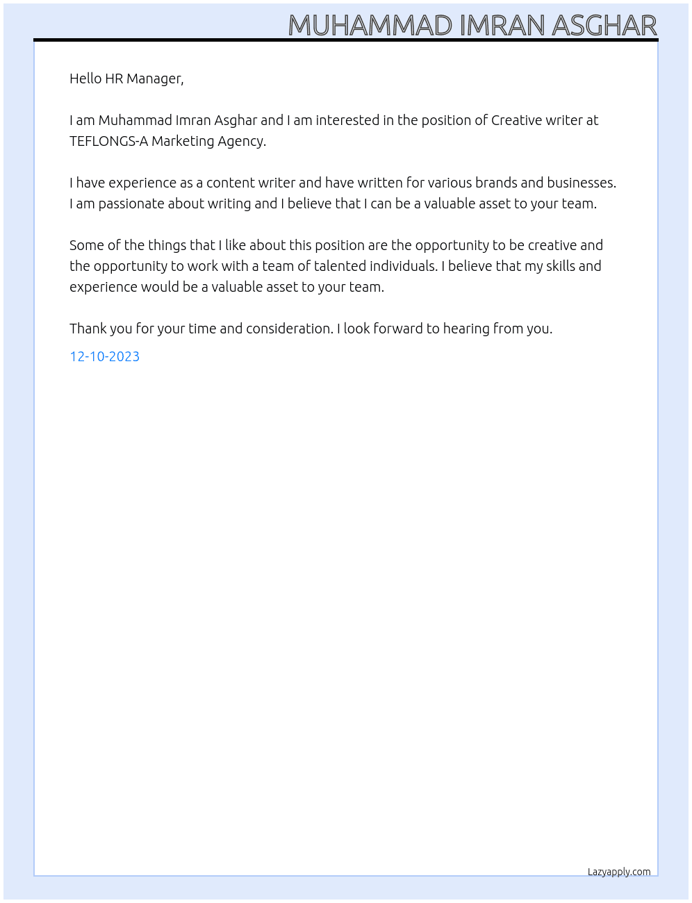 Creative writer At TEFLONGS-A Marketing Agency Cover Letter