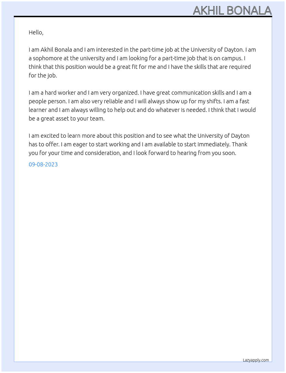 Part time job At On campus part time Cover Letter
