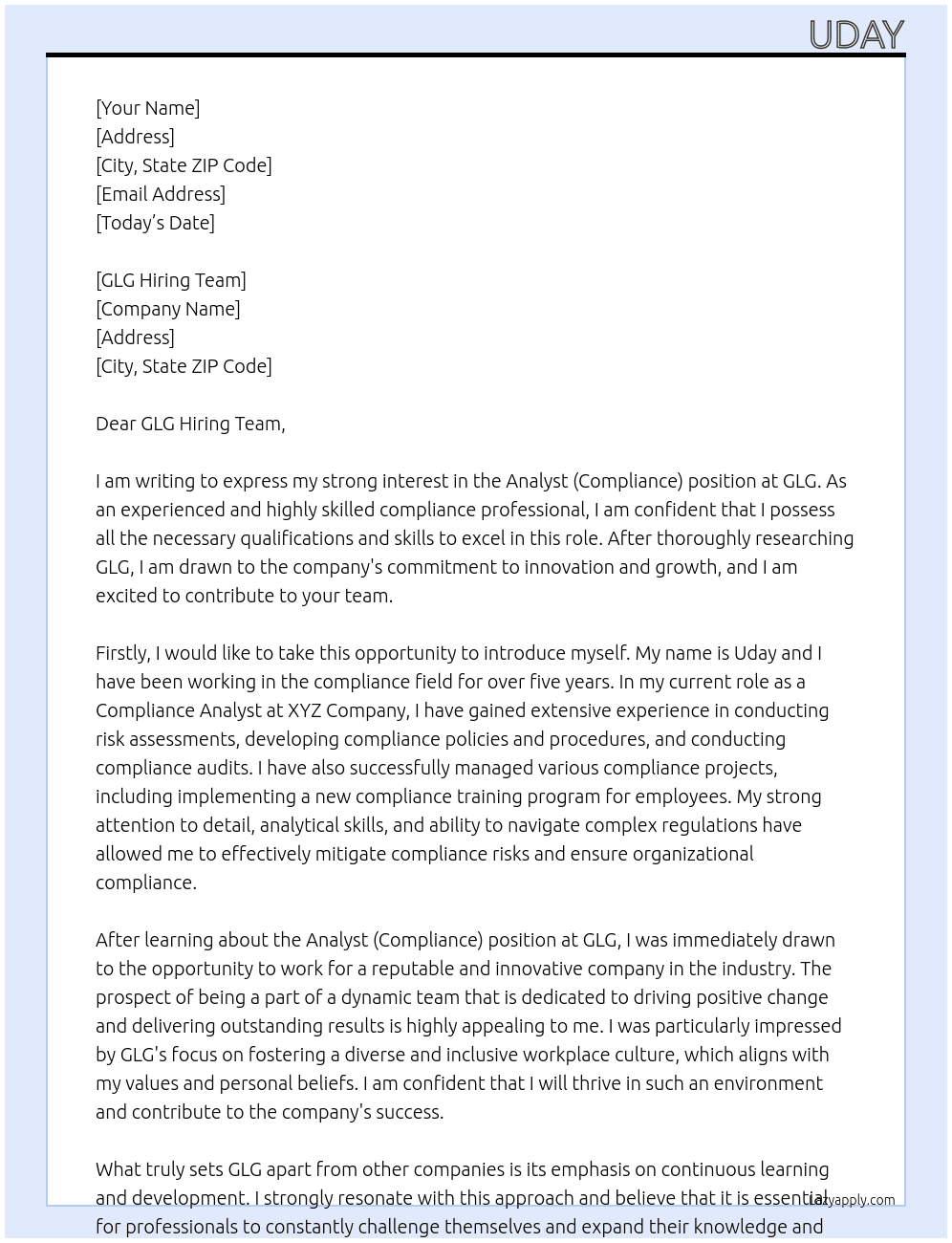 Analyst(Compliance) At GLG Cover Letter