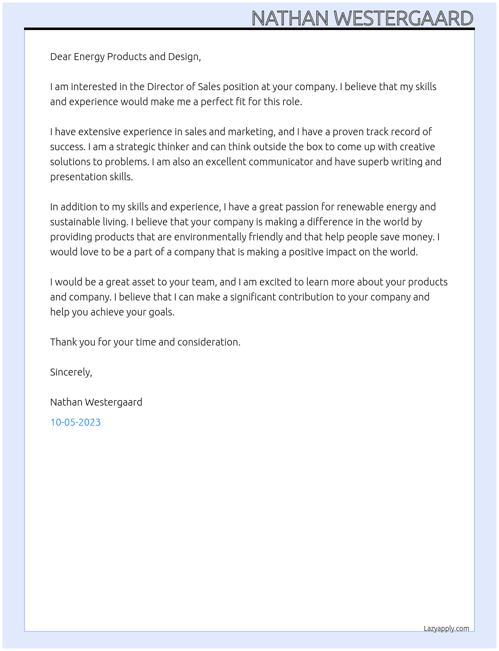 Director of Sales At Energy Products and Design Cover Letter