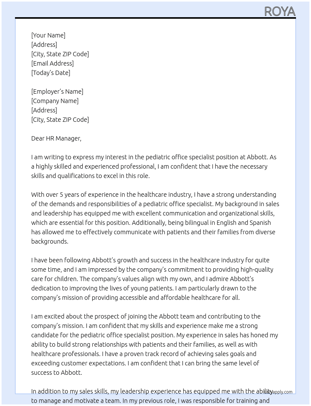 pediatric office specialist At Abbott Cover Letter