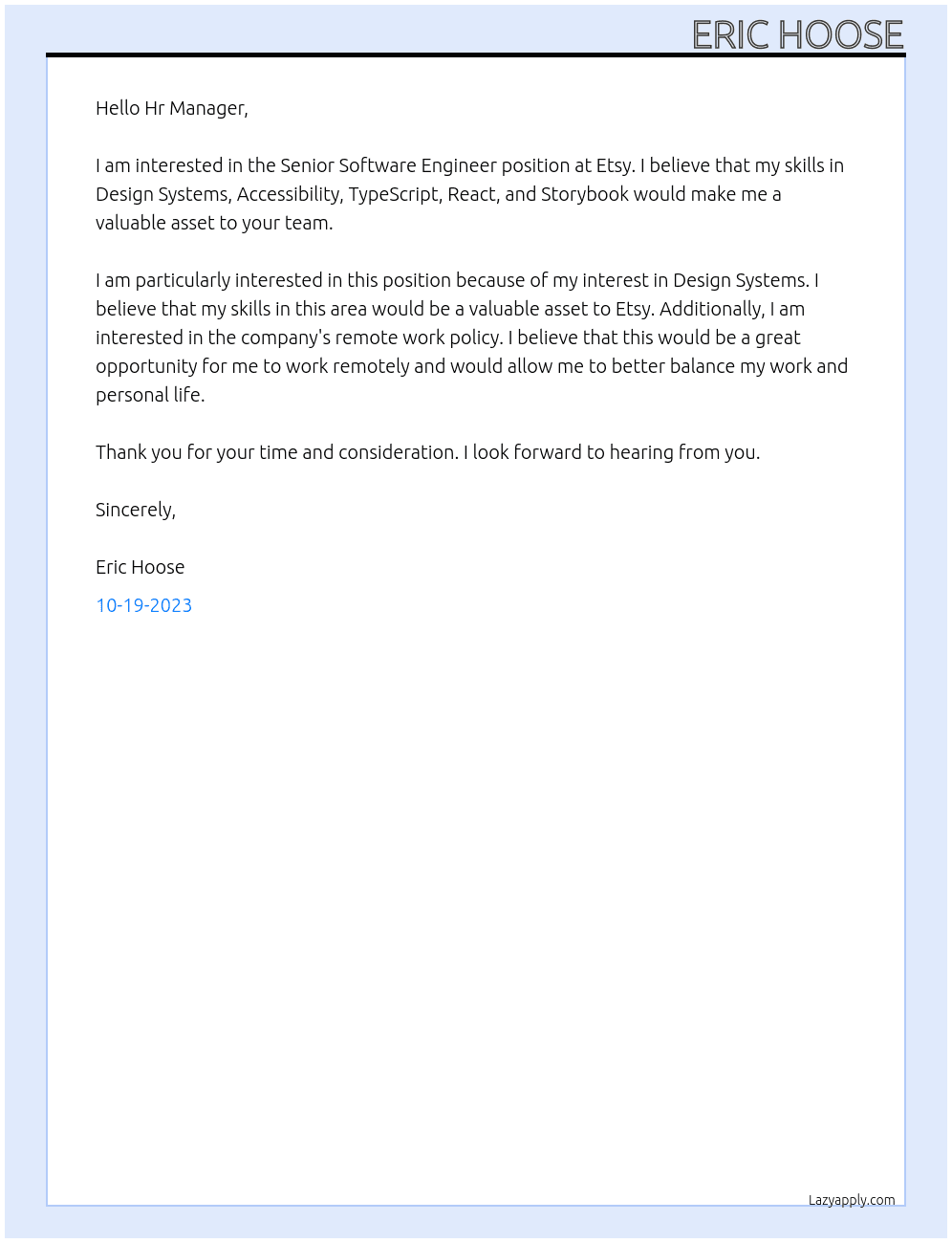 Senior Software Engineer At Etsy Cover Letter