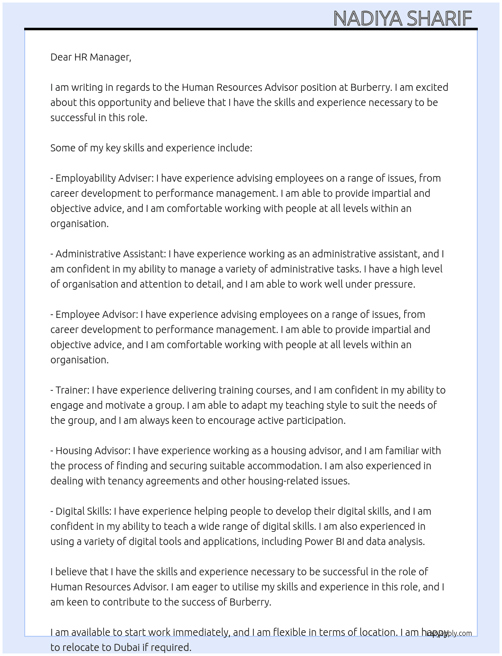 Human Resources Advisor At burberry Cover Letter
