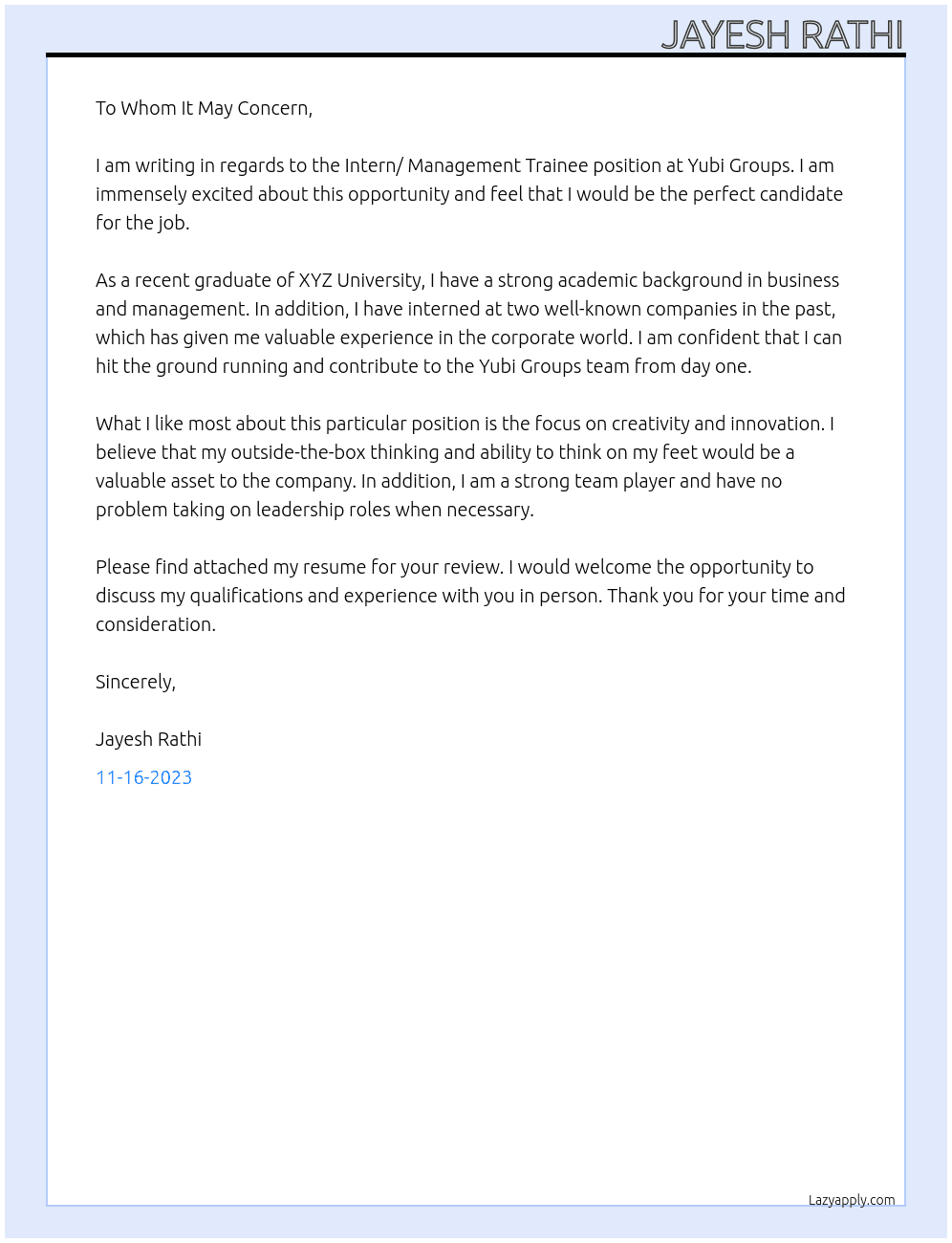 Intern/ Management Trainee At Yubi Groups Cover Letter