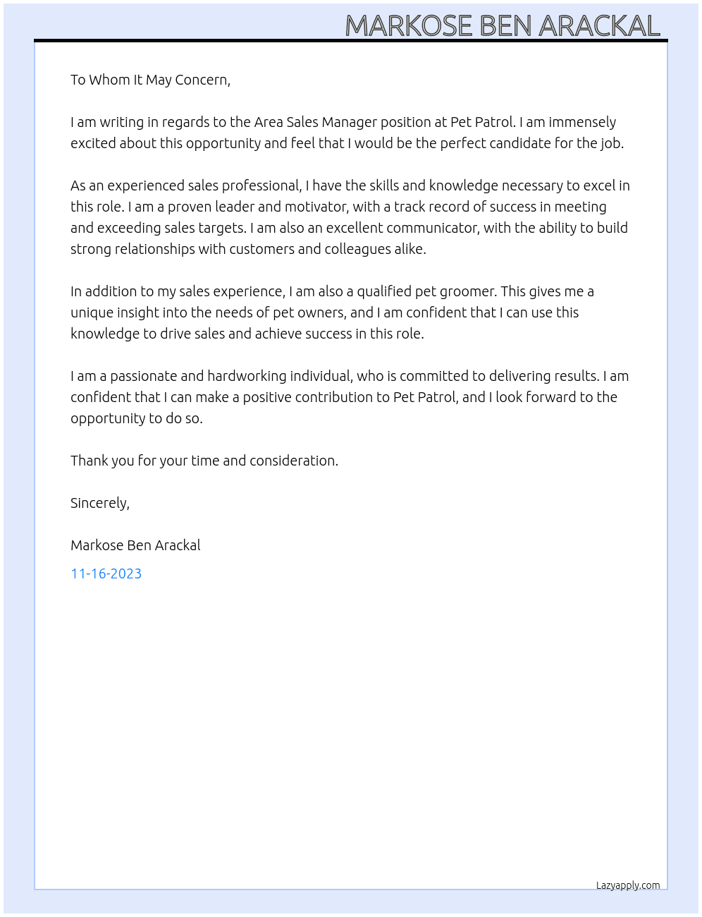 area sales manager At Pet Patrol Cover Letter