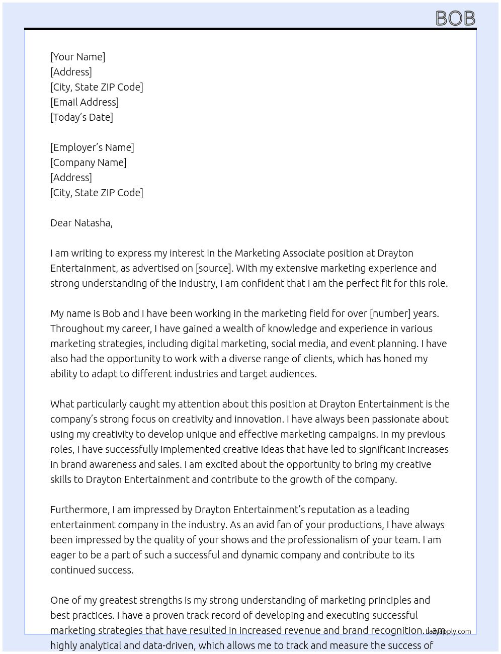 Marketing Associate  At Drayton Entertainment  Cover Letter