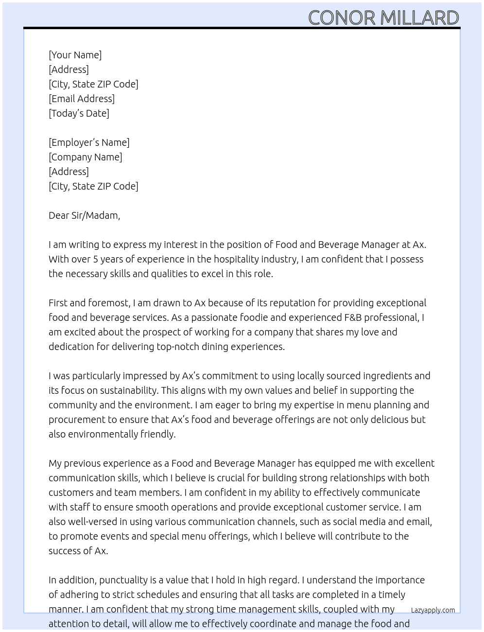 Food and beverage manager  At Ax Cover Letter