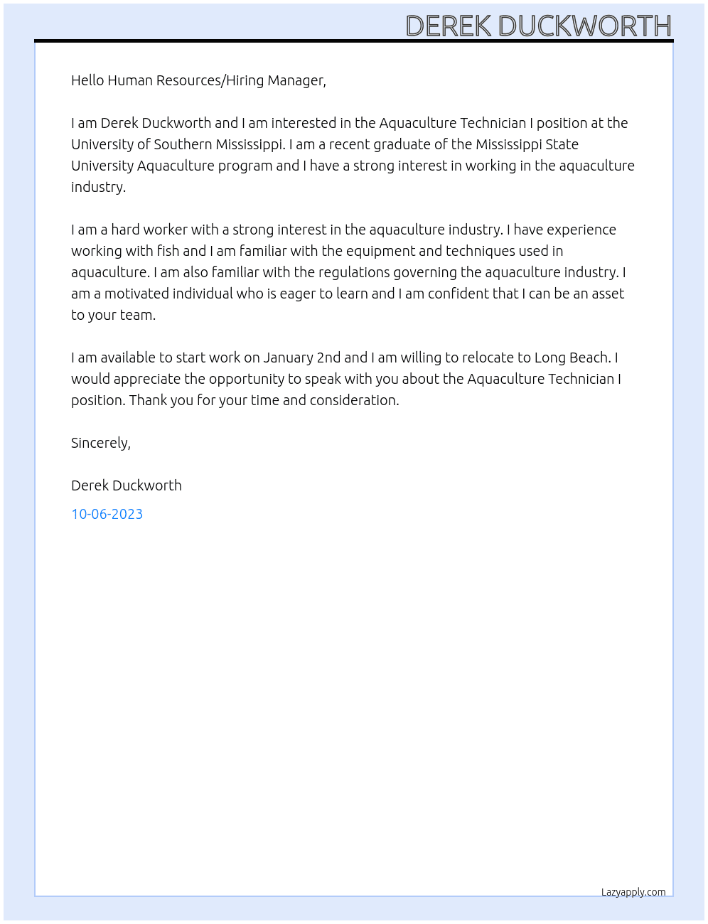 Aquaculture Technician I At University of Southern Mississippi Cover Letter