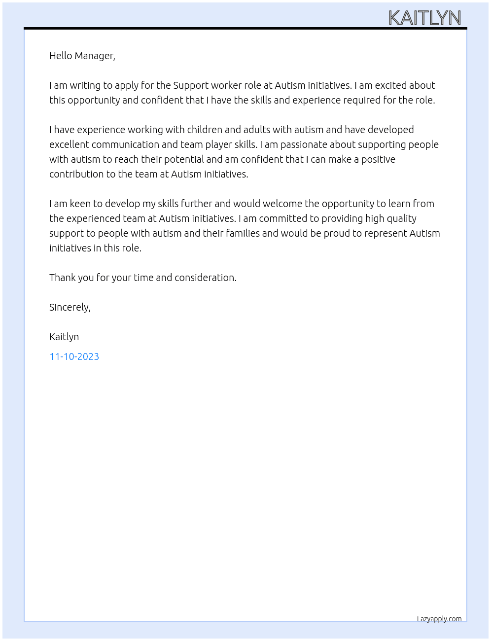 Support worker  At Autism initiatives  Cover Letter