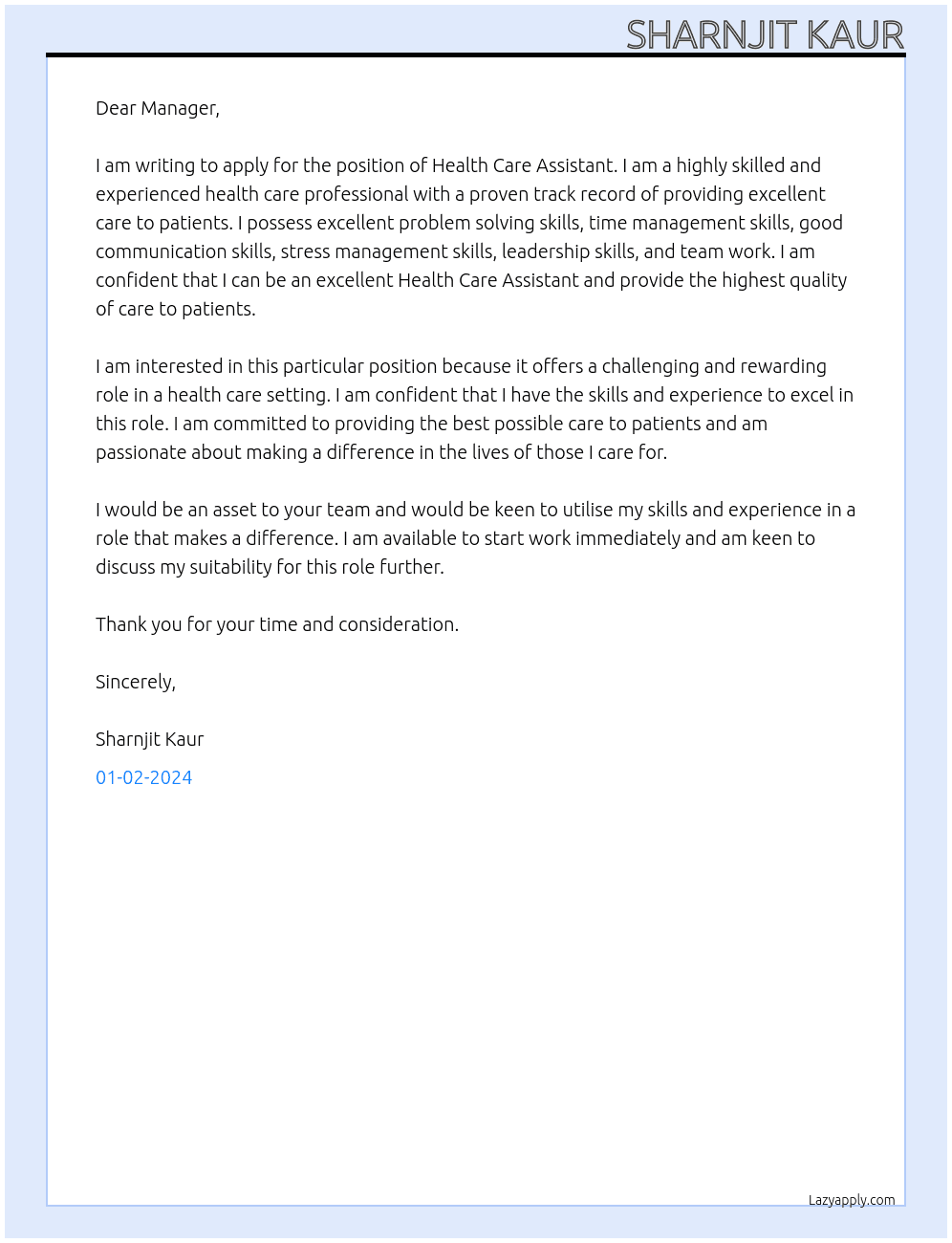 Health care assistant  At Multiple companies  Cover Letter
