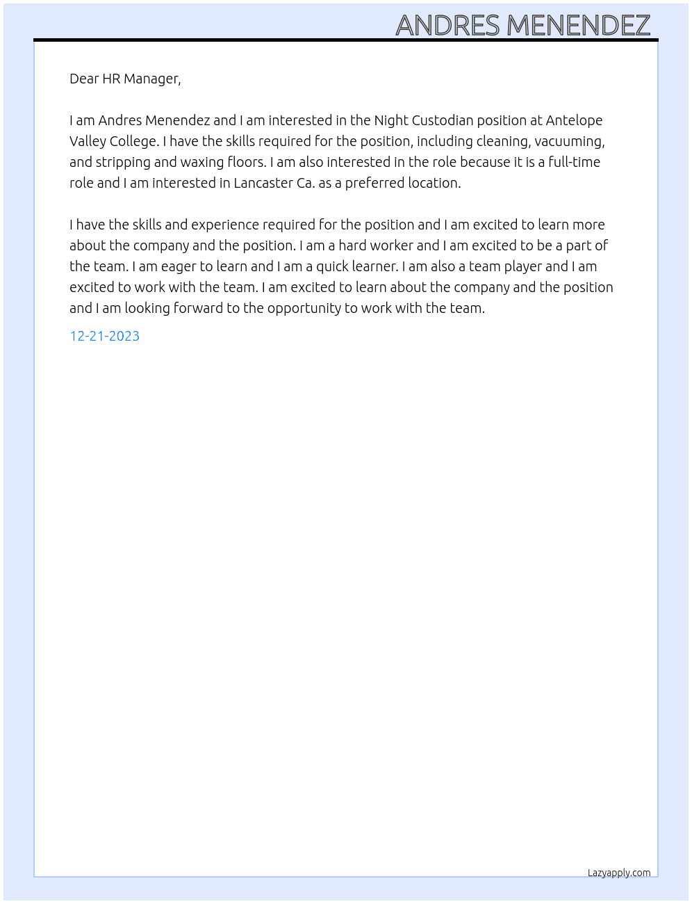 Night Custodian  At Antelope Valley College  Cover Letter