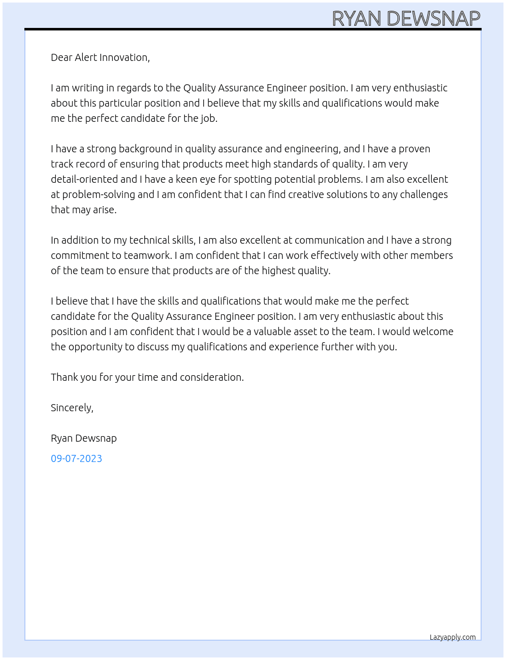 QUALITY ASSURANCE ENGINEER At Alert Innovation Cover Letter