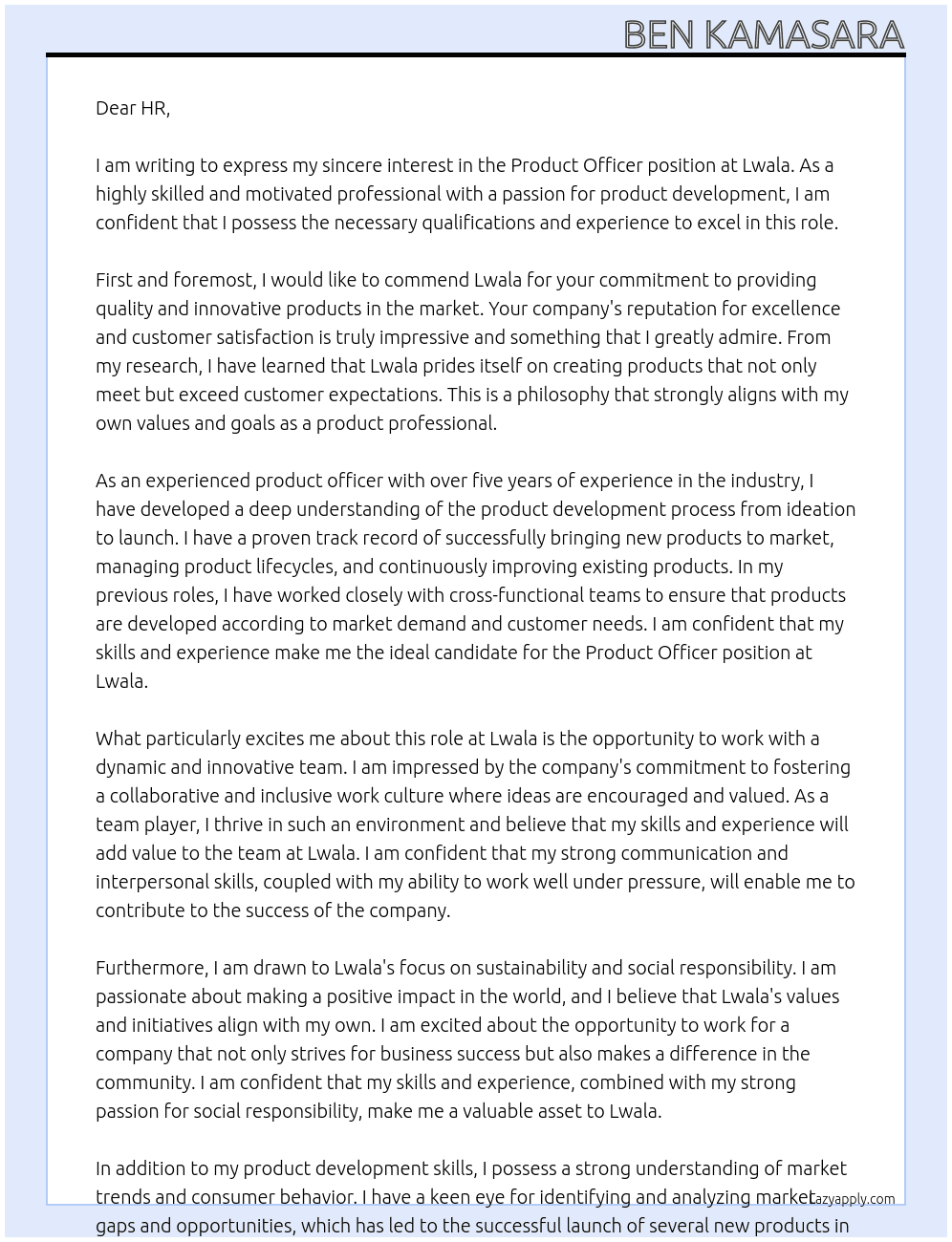Product Officer At Lwala Cover Letter