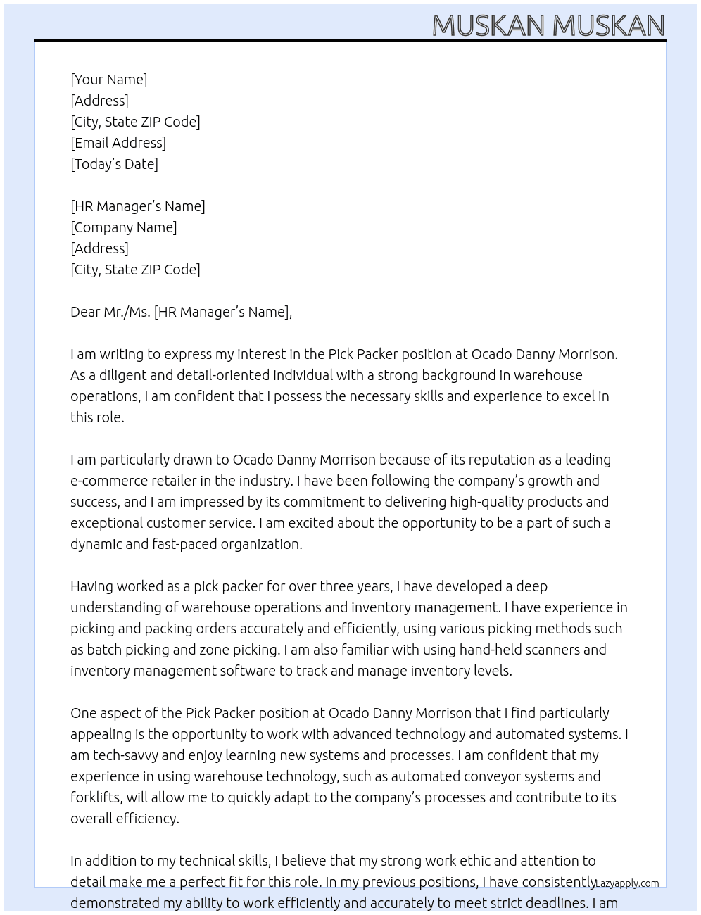 Pick packer At Ocado Danny Morrison Cover Letter