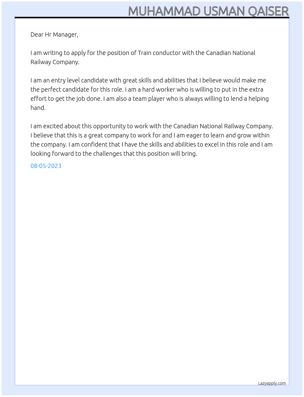 Train conductor  At Canadian National Railway Company  Cover Letter