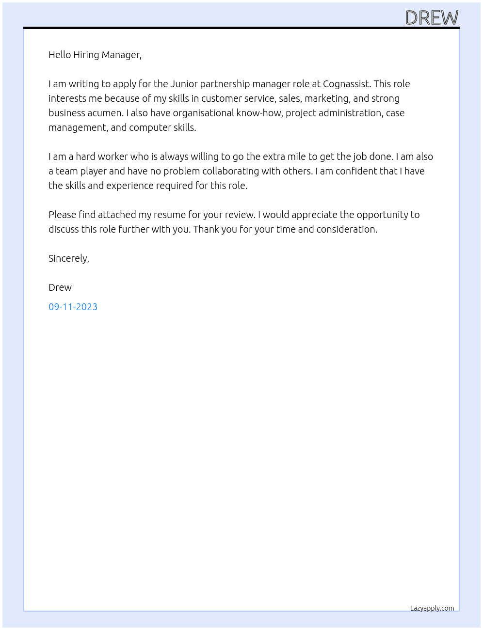 Junior partnership manager At Cognassist Cover Letter