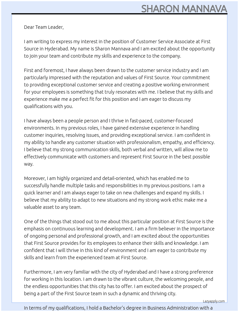 customer service associative At First Source Cover Letter