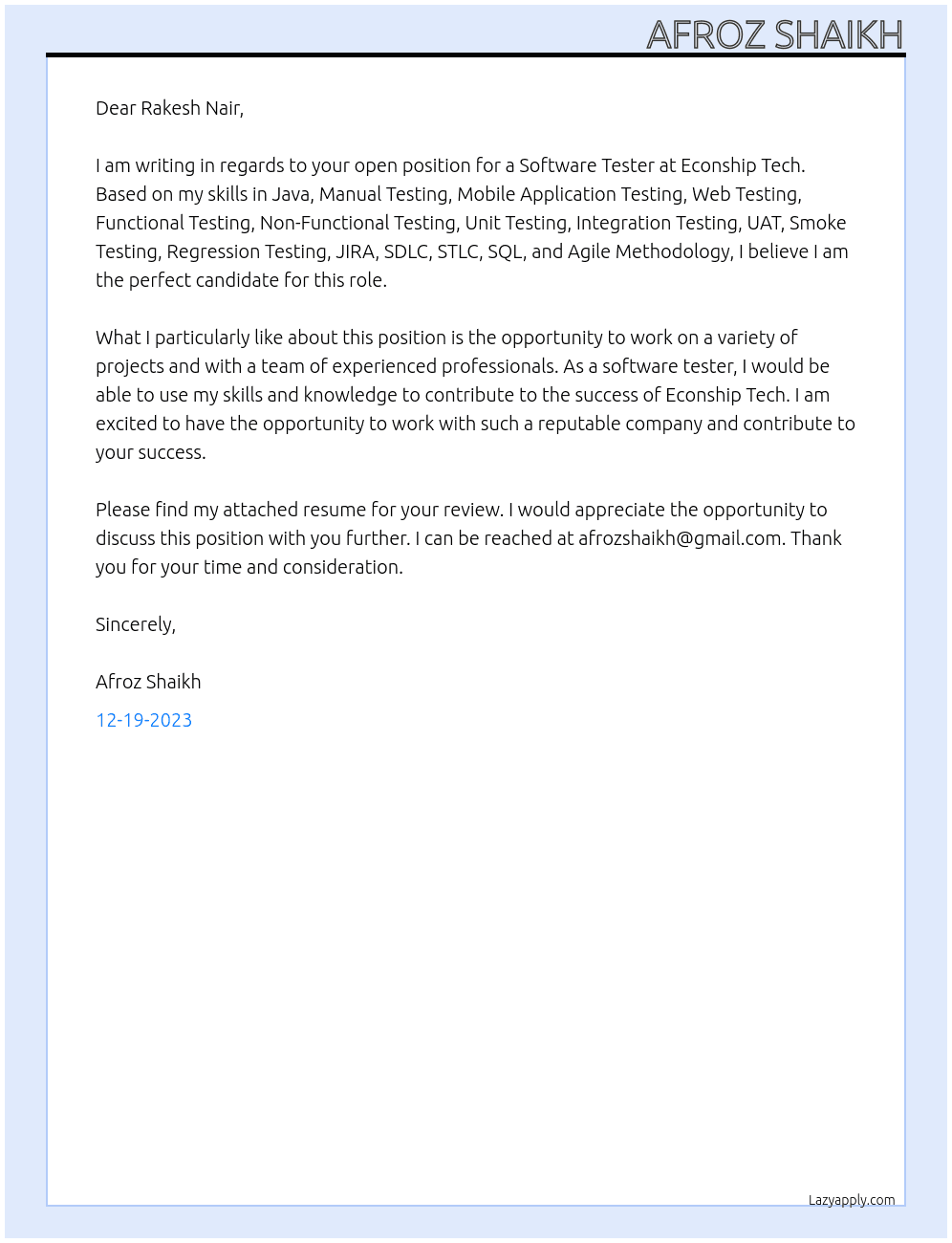 Software Tester At Econship Tech Cover Letter