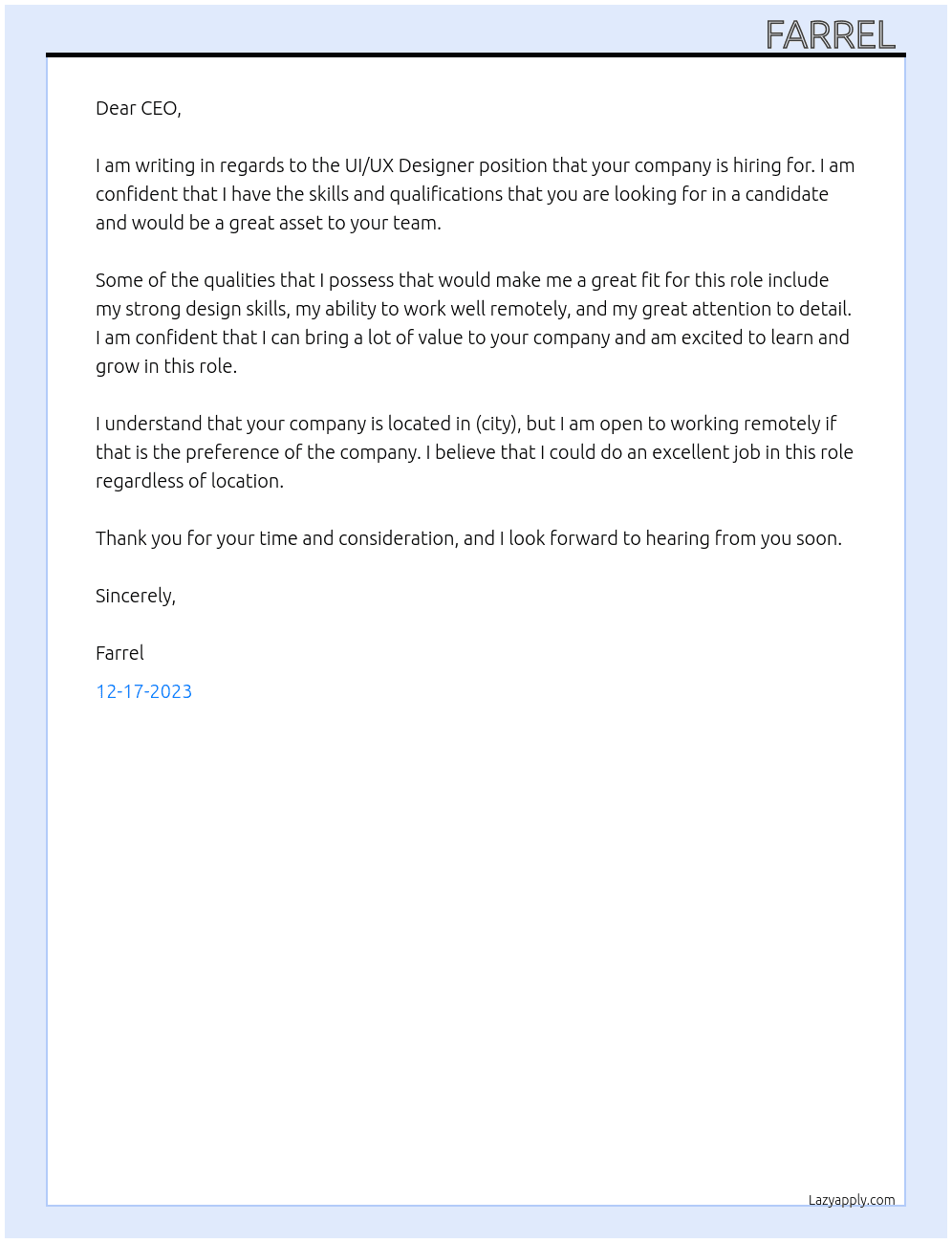 UI/UX Designer At Hiring Cover Letter