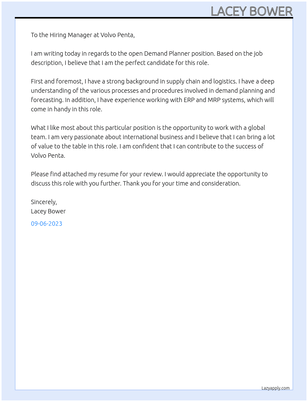 Demand Planner At Volvo Penta Cover Letter