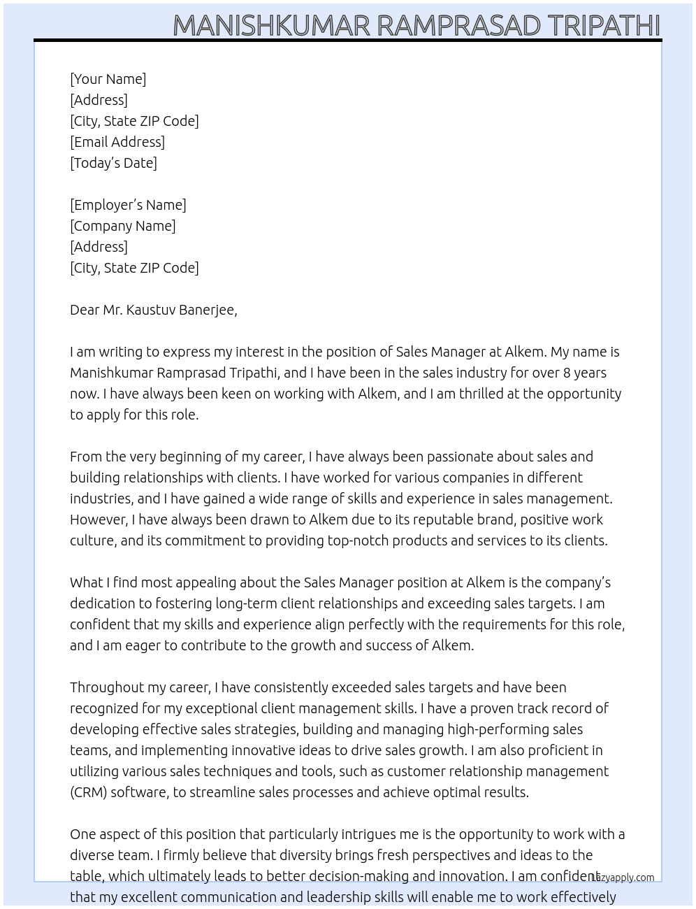 sales manager At alkem Cover Letter