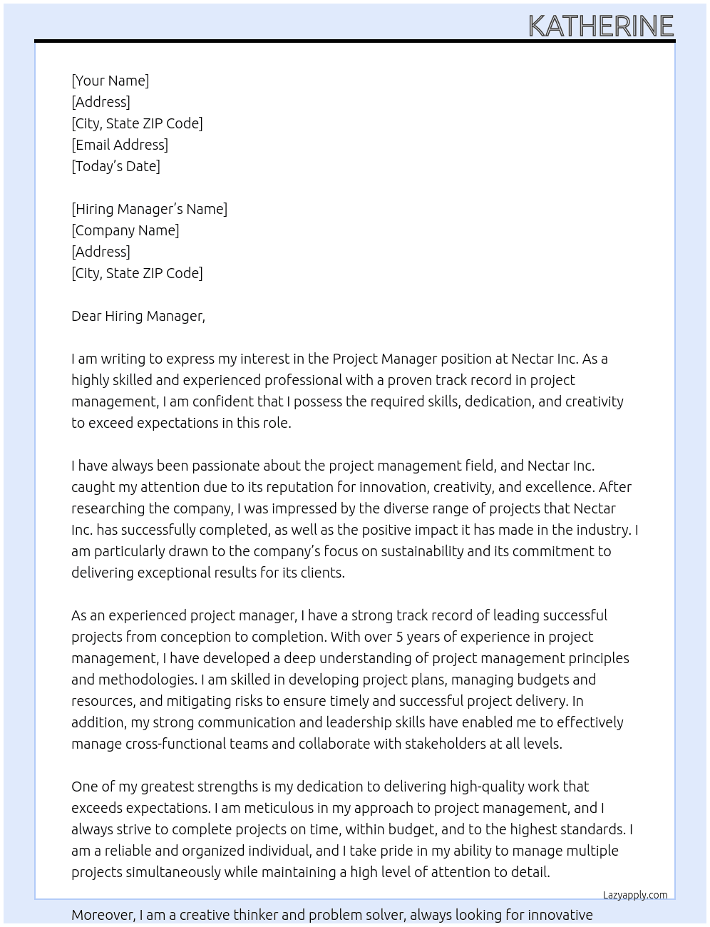 Project Manager At Nectar Inc. Cover Letter
