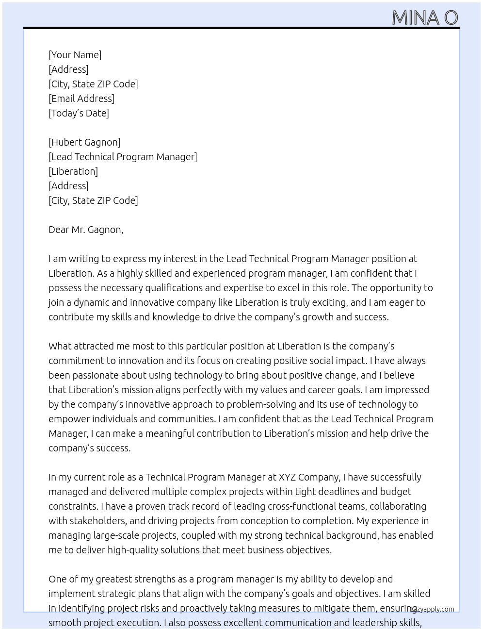 Lead technical program manager At Liberation Cover Letter
