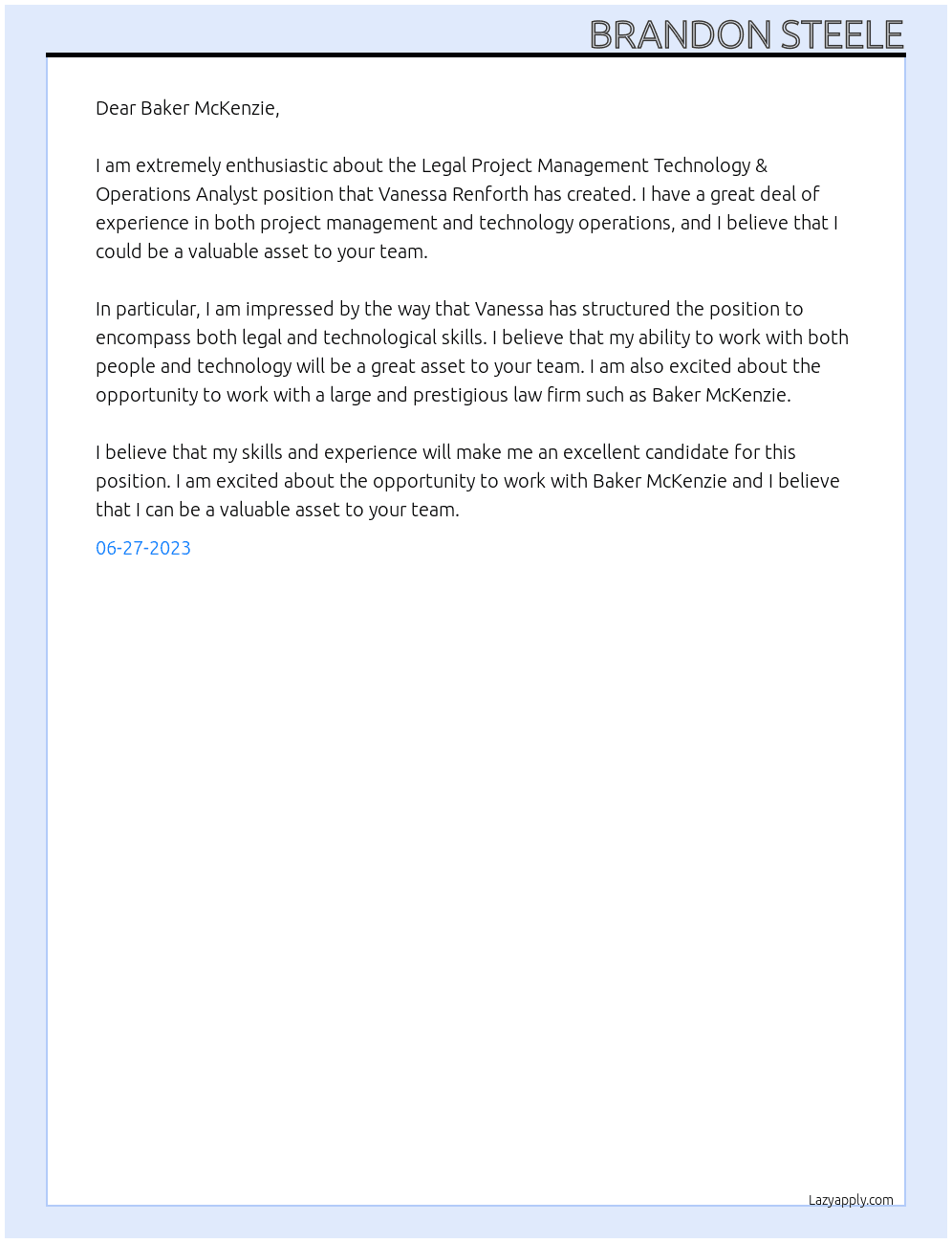 Legal Project Management Technology & Operations Analyst At Baker McKenzie Cover Letter