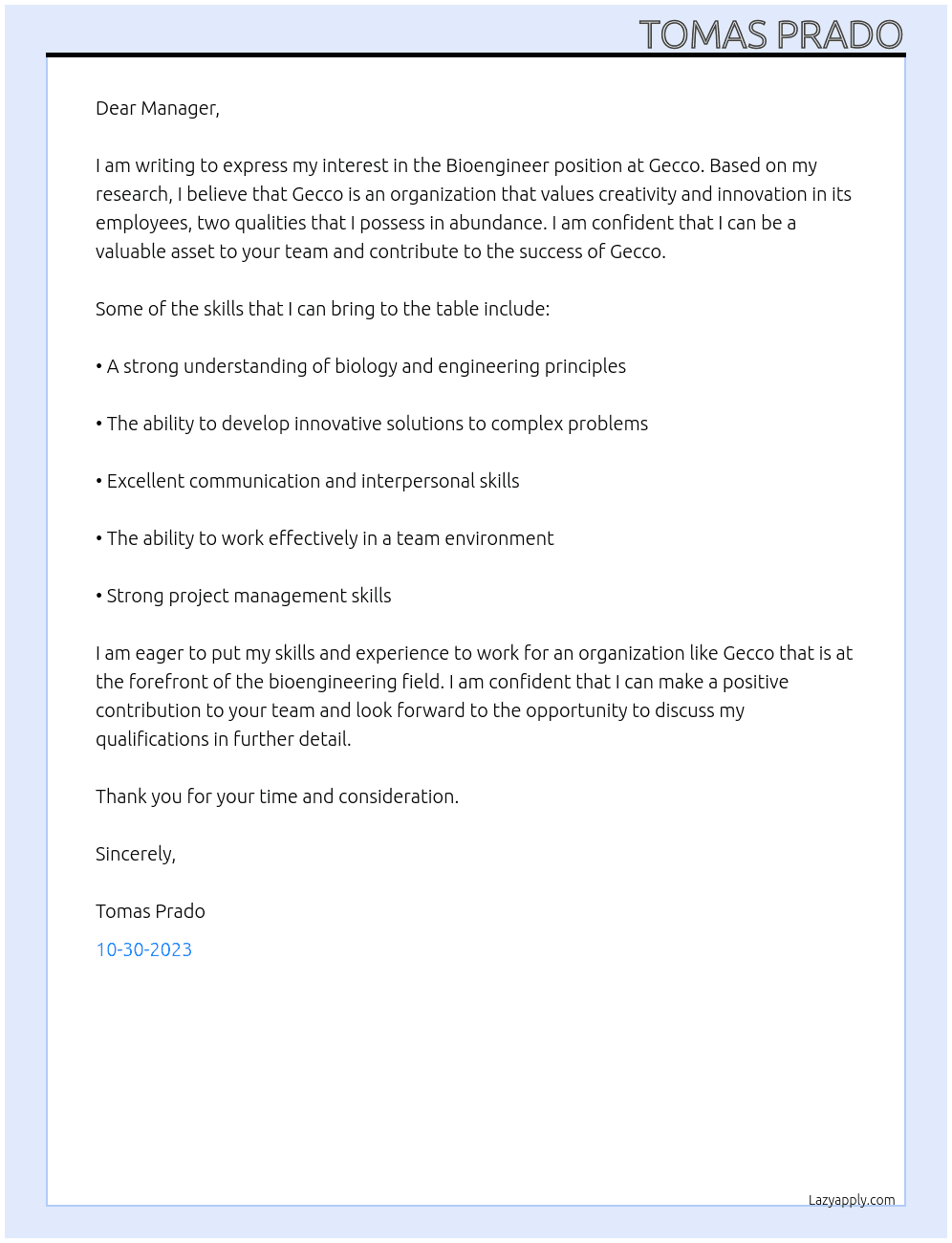 Bioengineer  At Gecco Cover Letter