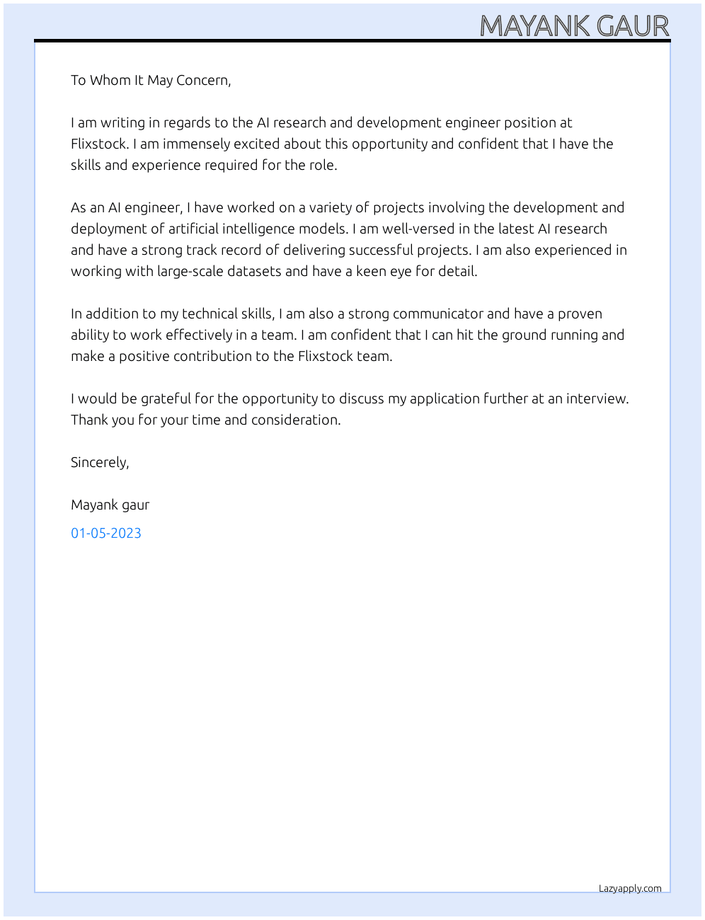 Cover letter for ai research and development engineer - LazyApply