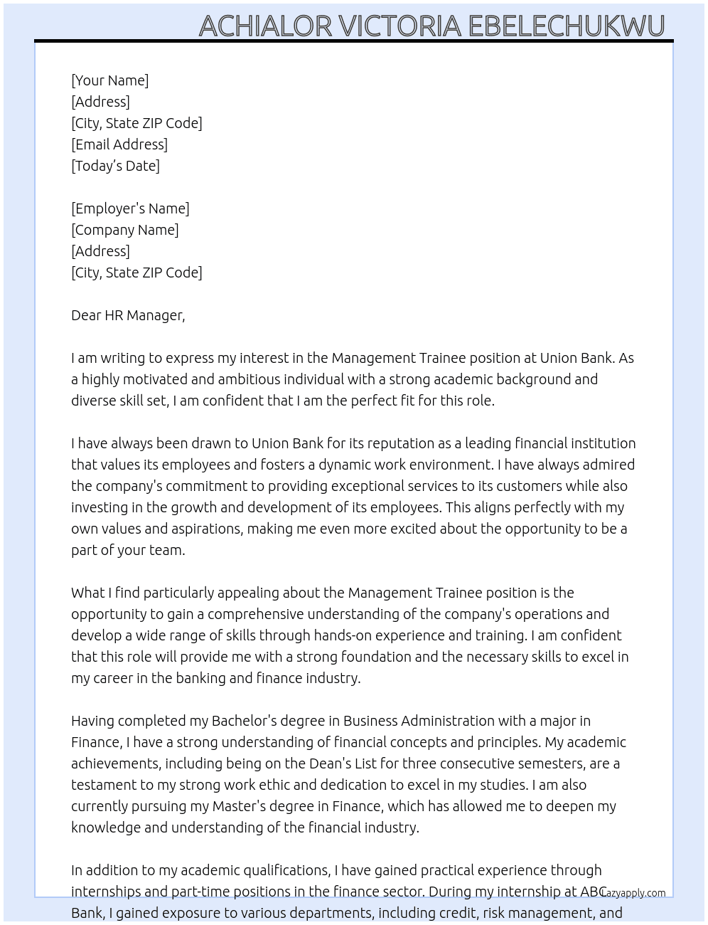 Management trainee At Union bank Cover Letter