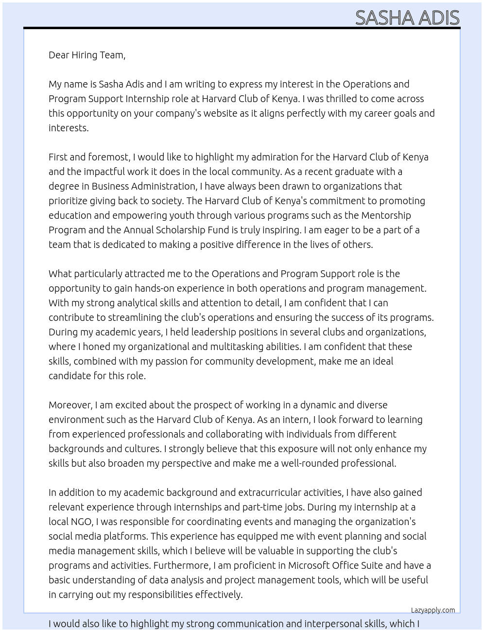Operations and program support At Harvard Club of Kenya Cover Letter