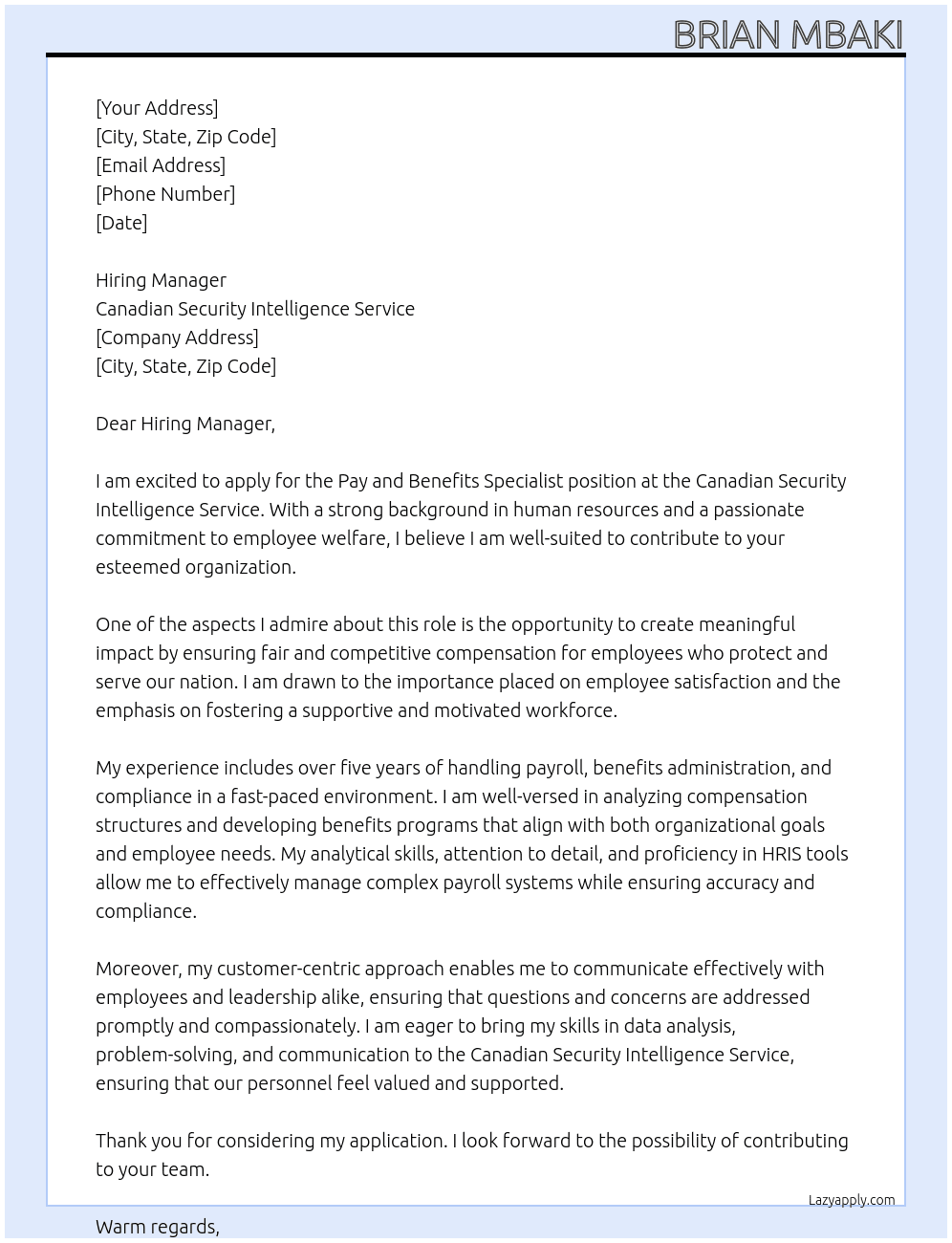 Cover letter for pay and benefits specialist - LazyApply