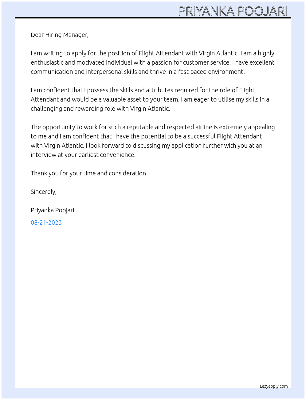 Flight Attendant At Virgin Atlantic Cover Letter
