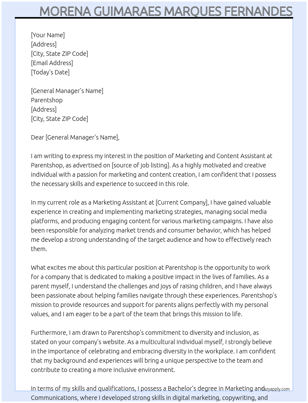 Marketing and Content assistant At Parentshop Cover Letter