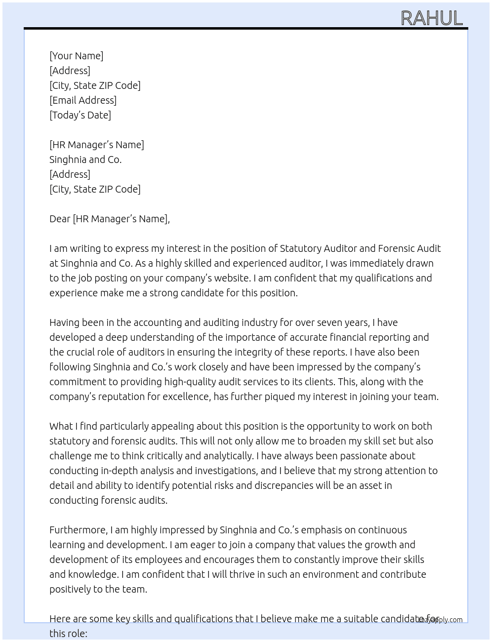 Statutory auditor and forensic audit  At Singhnia and co. Cover Letter