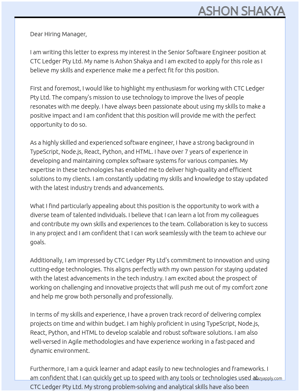 Senior Software Engineer (TypeScript, Node.js, React) At CTC Ledger Pty Ltd Cover Letter
