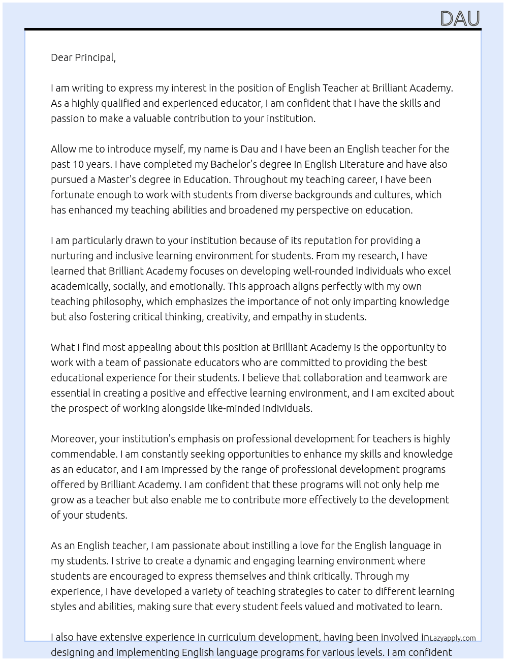 English teacher At Brilliant Academy Cover Letter