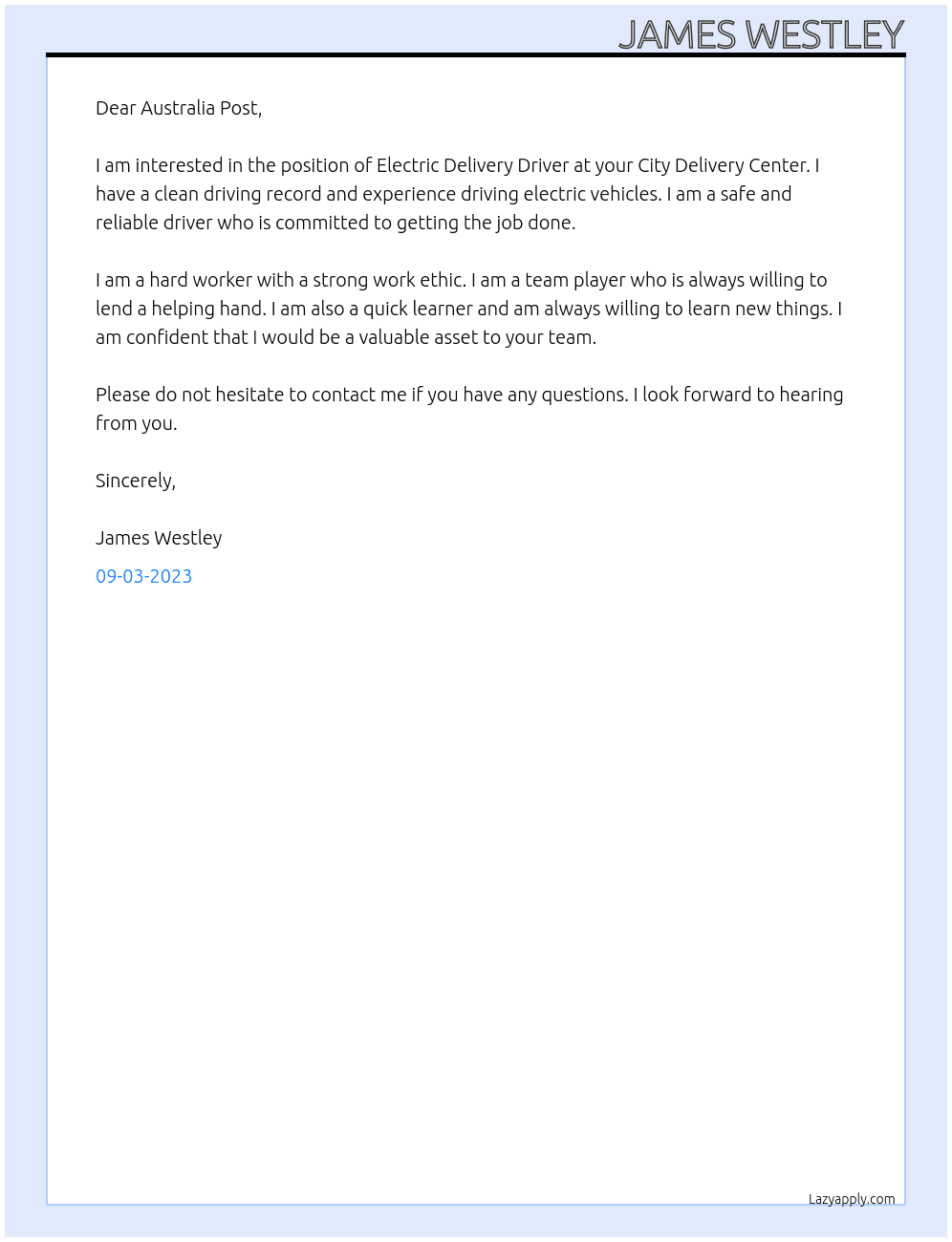 Electric Delivery Driver At Australia Post Cover Letter