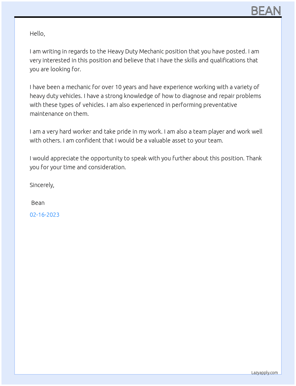 Heavy Duty Mechanic At ? Cover Letter