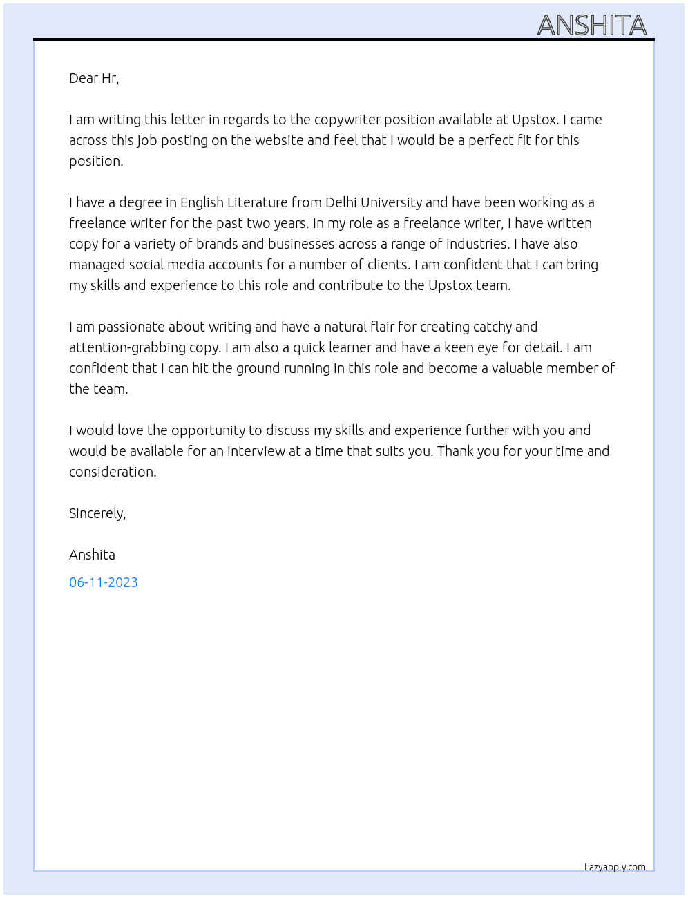 Copywriter  At Upstox Cover Letter
