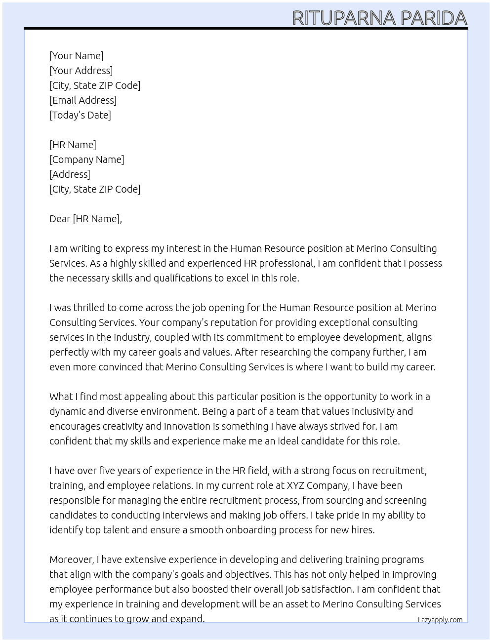 Human Resource At Merino Consulting Services Cover Letter