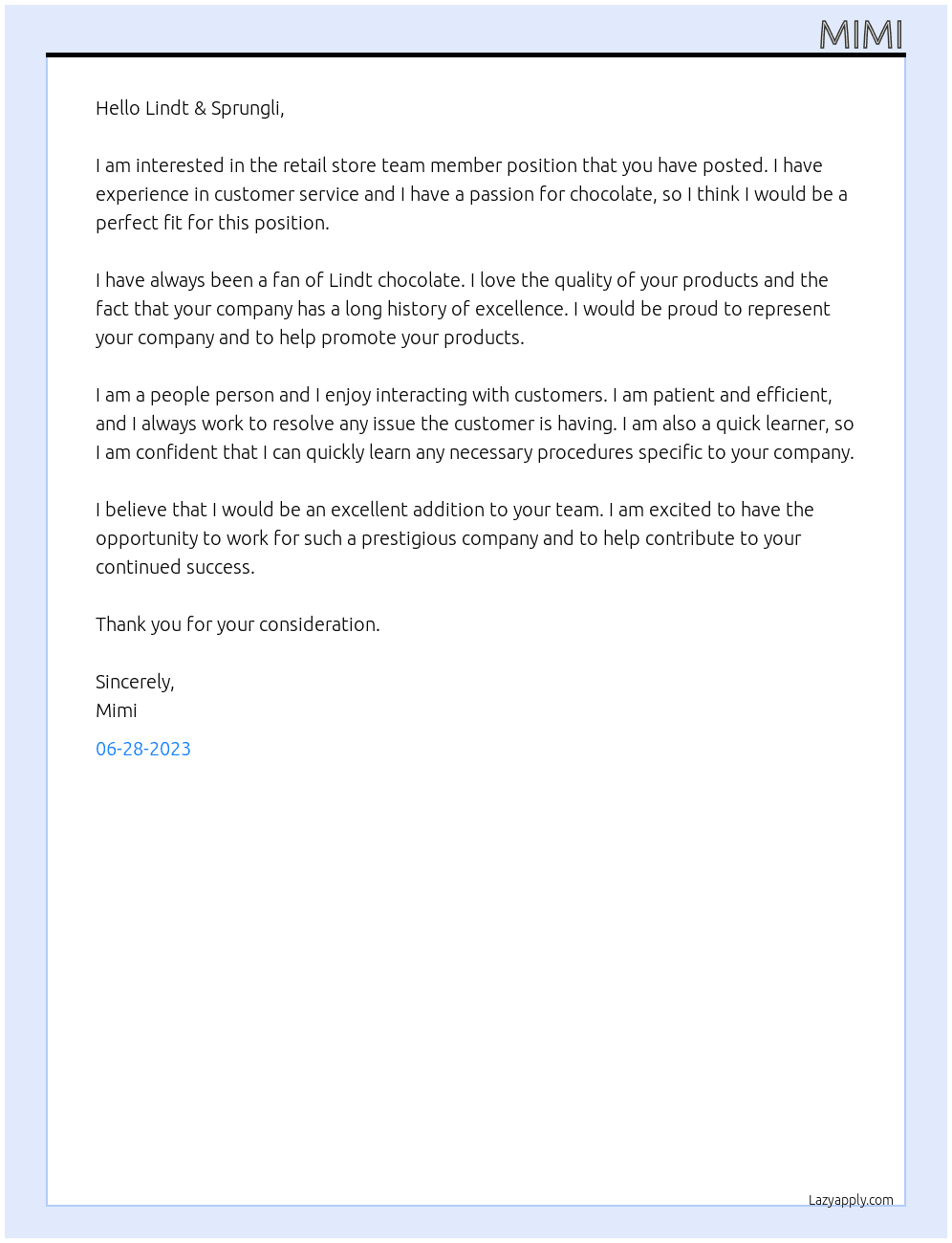 Retail Store Team Member At Lindt & Sprungli Cover Letter