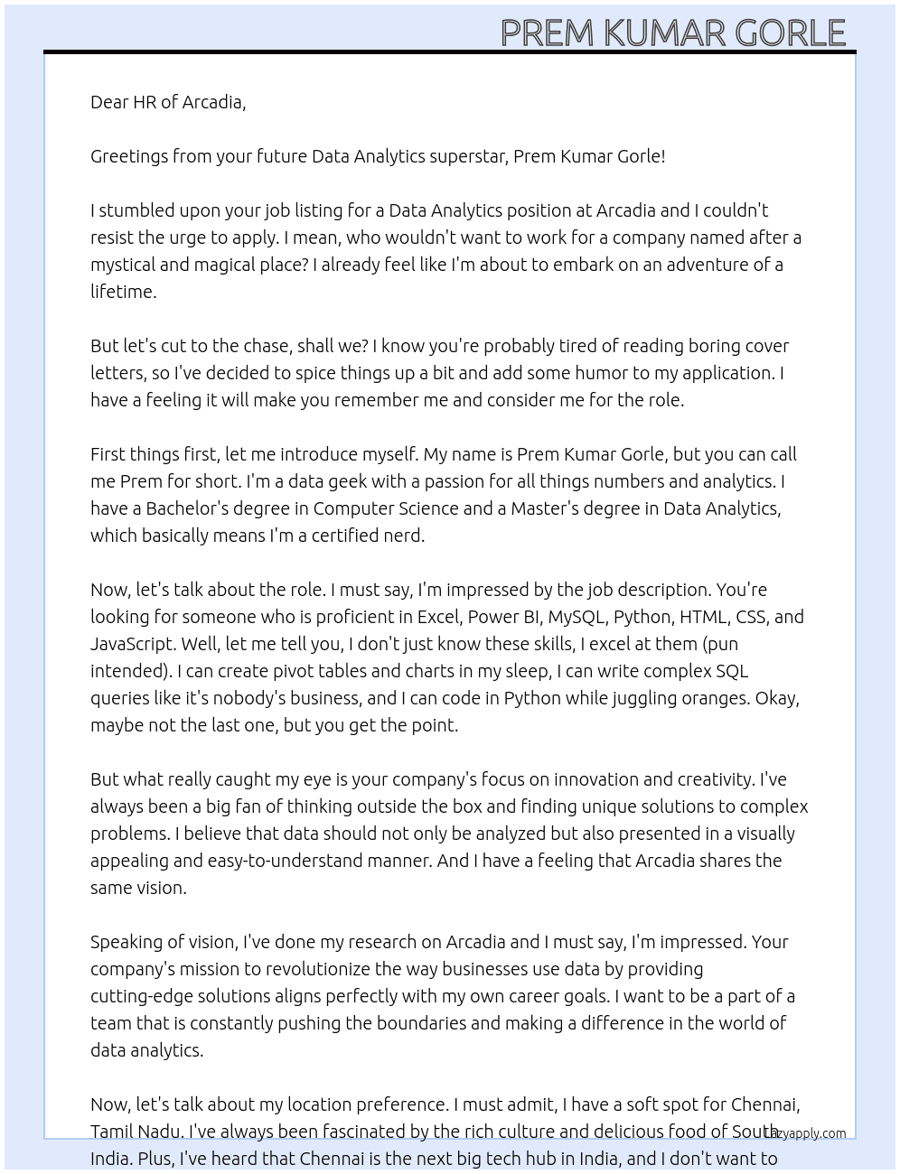 Data analytics  At Arcadia  Cover Letter