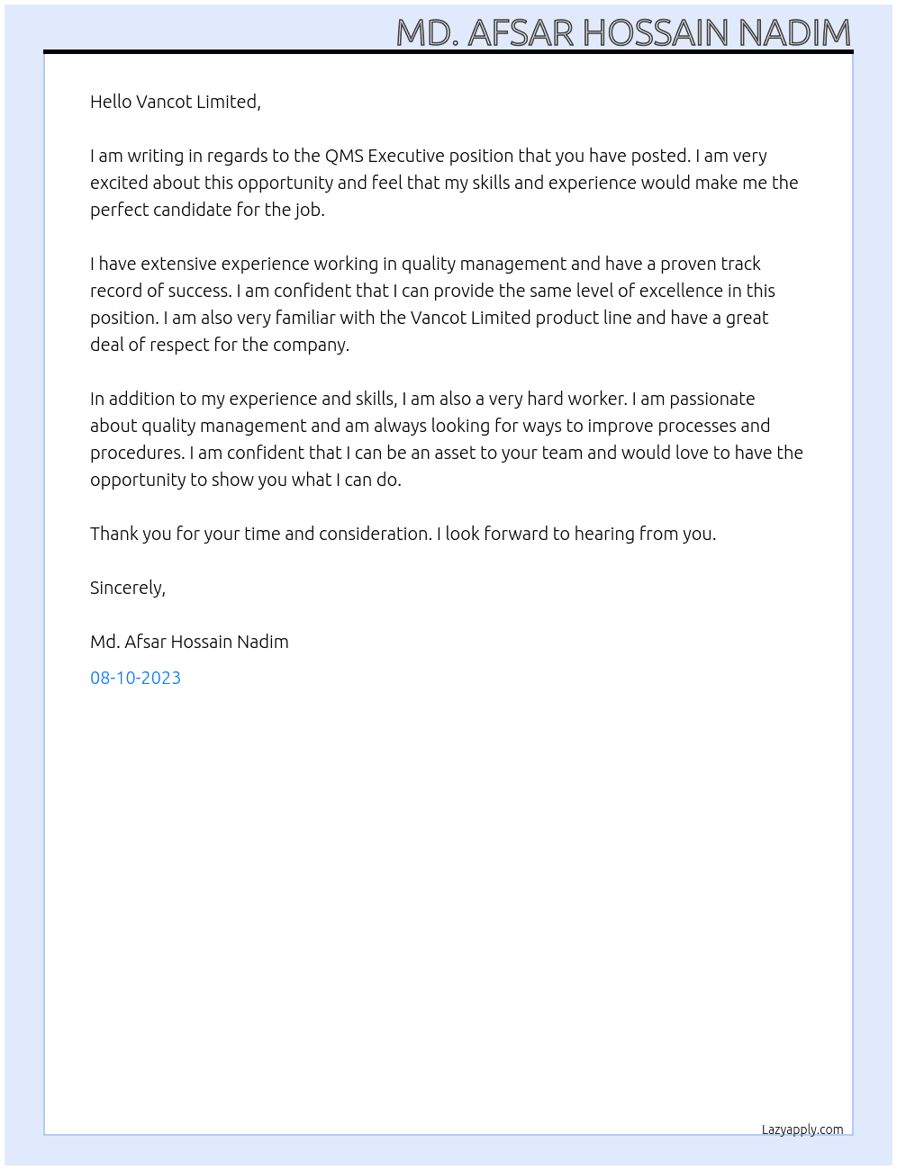 QMS Executive At Vancot Limited Cover Letter