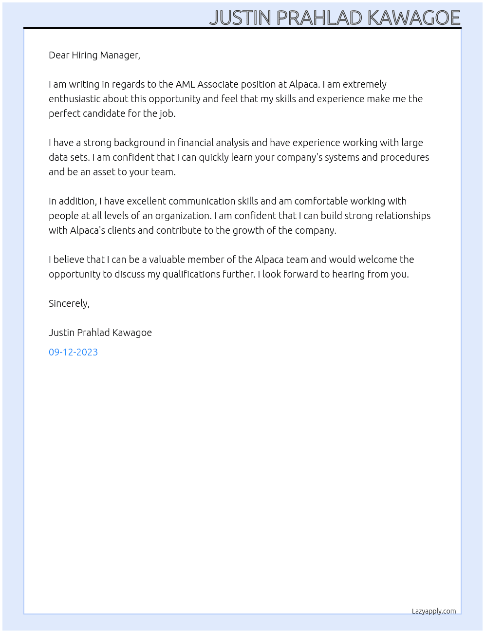 AML Associate At Alpaca Cover Letter