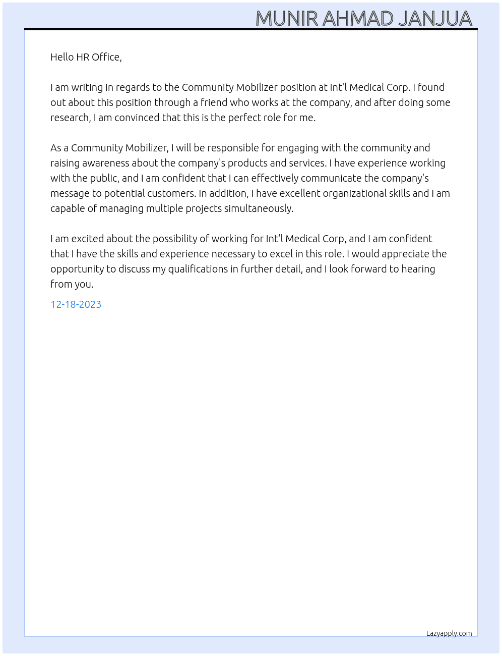Community Mobilizer  At Int'l Medical Corp  Cover Letter