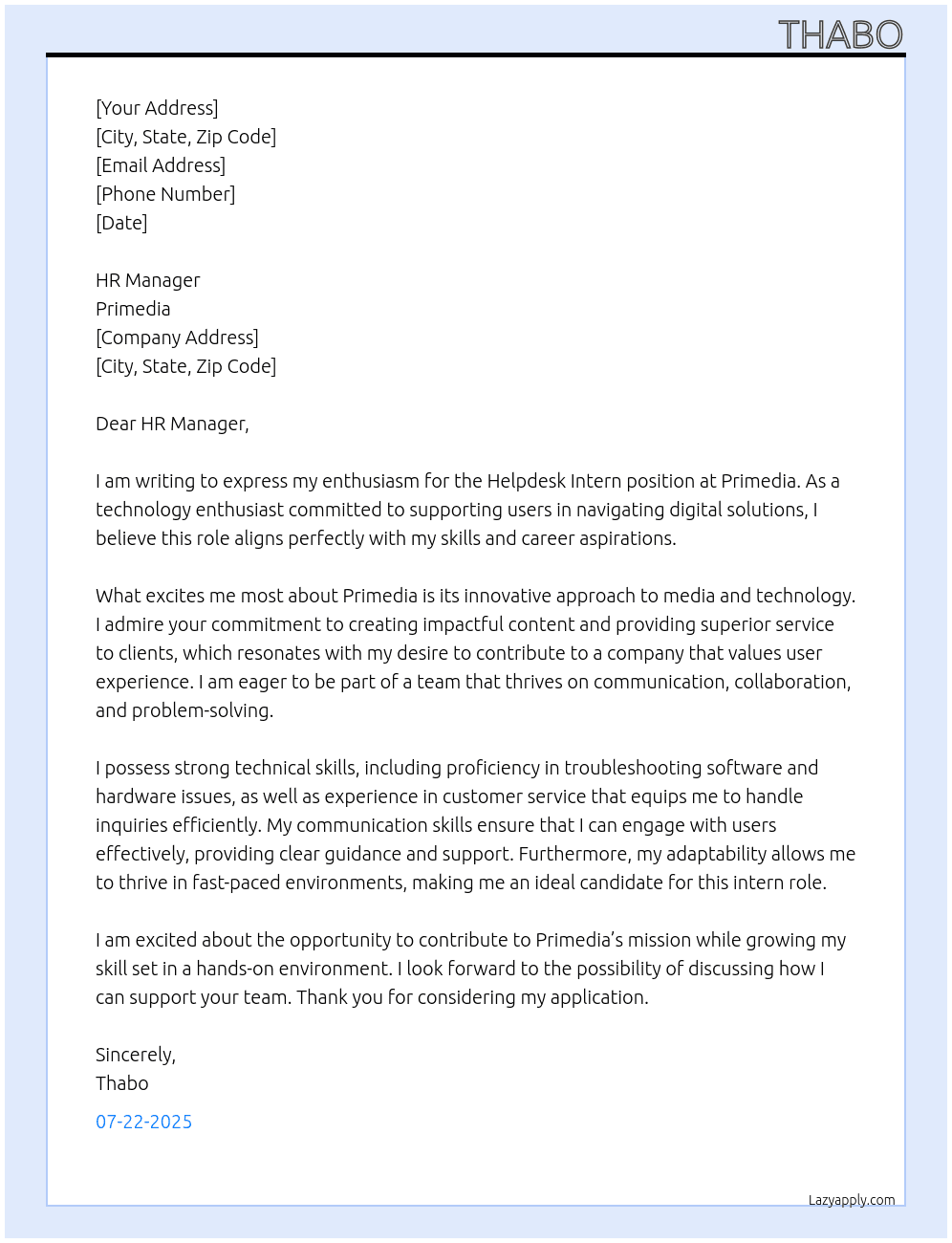 Helpdesk Intern At Primedia Cover Letter