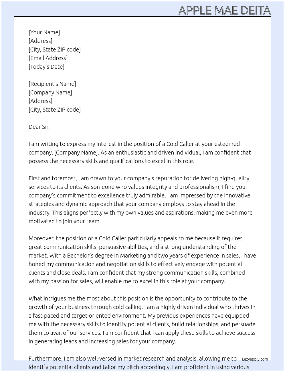 cold caller At to your business Cover Letter